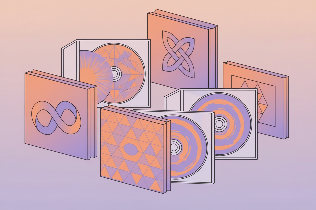 Illustrated K-pop albums in purple and orange